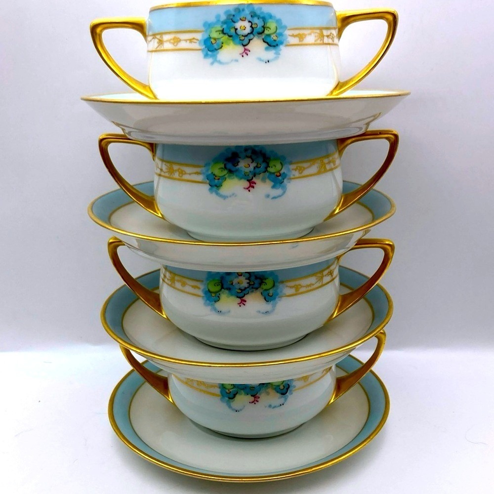 Vintage Selb Bavaria Donatello Blue Floral Gold Dessert Cups & Plates, Set Of 4